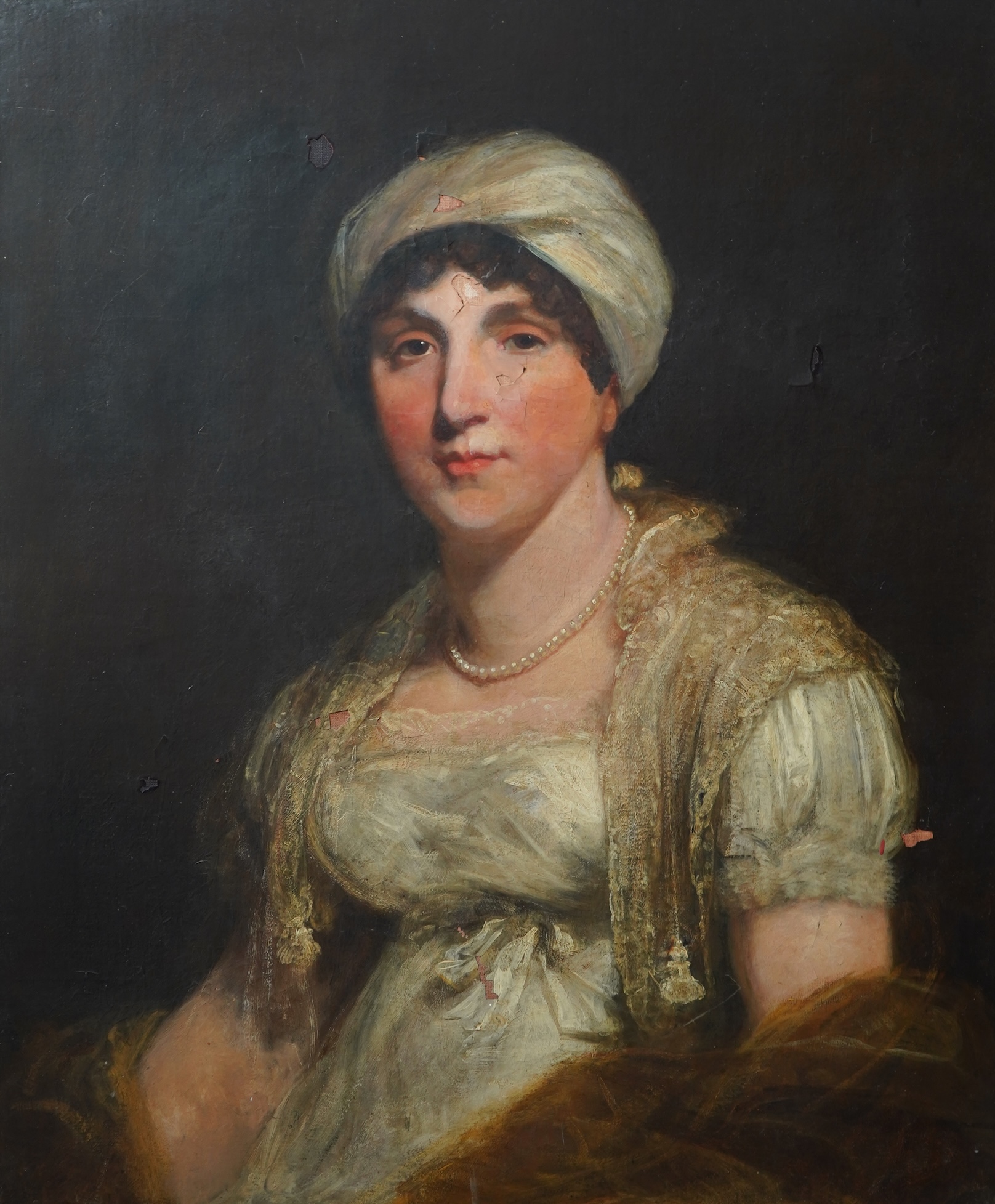 Attributed to William Boxall, 1800-1879, A portrait of a lady wearing a turban and lace shawl